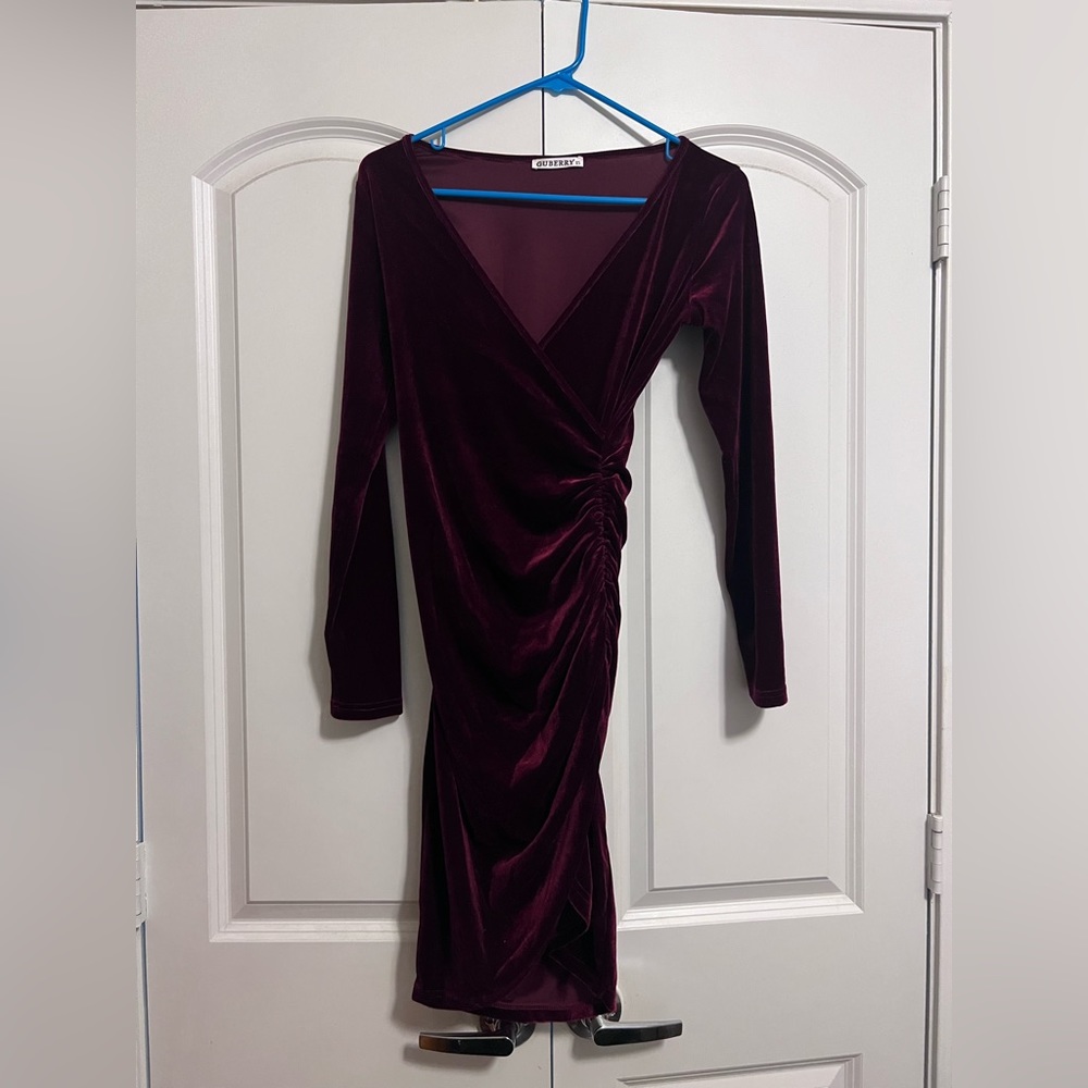 GUBERRY Womens Wrap V Neck Long Sleeve Velvet Bodycon Ruched Cocktail Party Dres